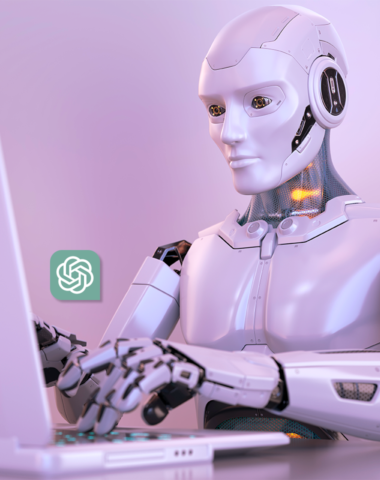 robô com forma humana e um cor clara digitando em um notebook, visualize-se apenas um detalhe do teclado no canto inferior esquerdo. A imagem faz alusão à inteligência artificial e o chat gpt